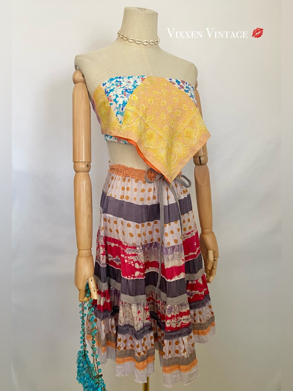 VINTAGE Y2K A&L FOR AT-TEE-TUDES BOHO PATCHWORK RIBBON TIERED SILK SKIRT